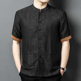 夏季桑蚕丝短袖男士衬衫宽松立领唐装中老年休闲丝绸香云纱男半袖