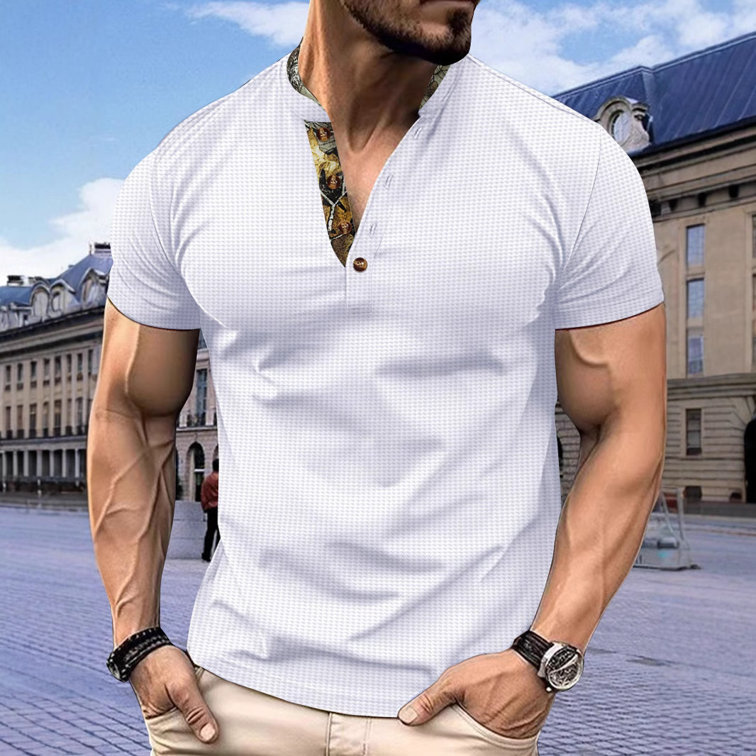 跨境速卖通亚马逊2024华夫格秋冬新款男士POLO衫双层立男士领短袖