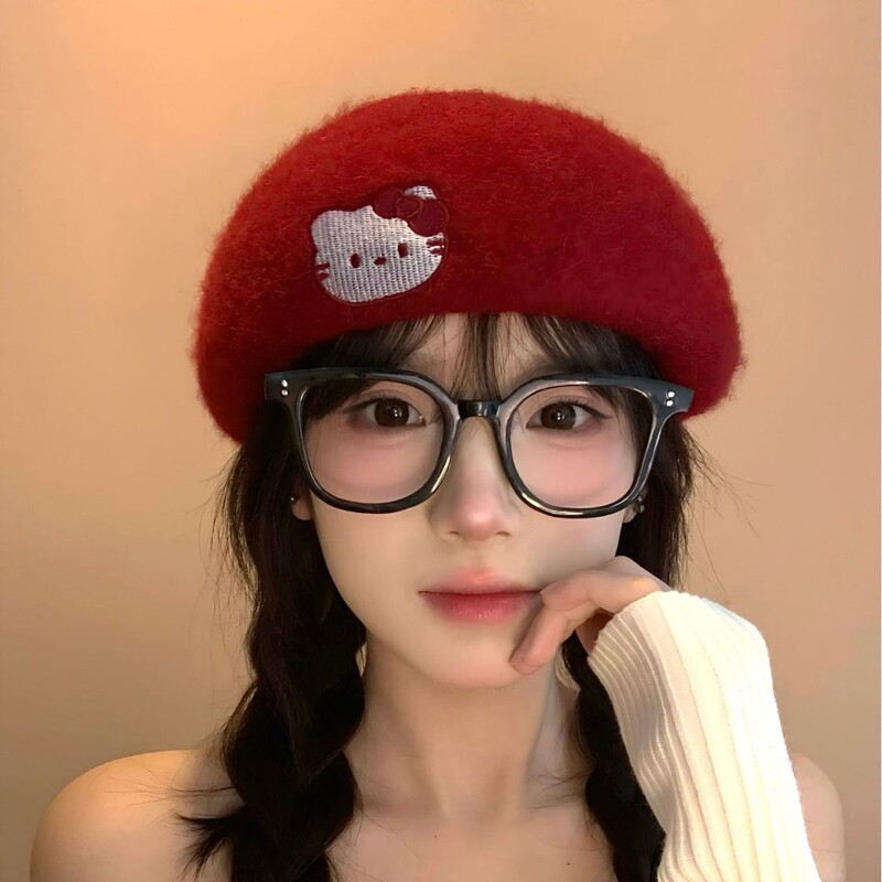 2025新款可爱kitty猫毛呢贝雷帽女秋冬甜美百搭显脸小帽子画家帽|undefined