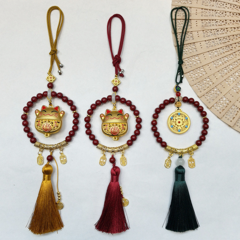 Cinnabar Car Hanging Amulet for Good Luck and Safety, New Year Red Gold-Eating Beast Lucky Cat Car Hanging Ornament Wholesale