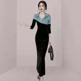 跨境2023秋季新款韩版翻领牛仔拼接修身时尚设计感长袖连衣裙