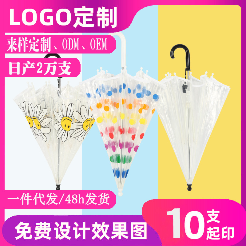定制logo手开儿童透明长柄伞纤维8骨直杆透明雨伞弯柄环保广告伞