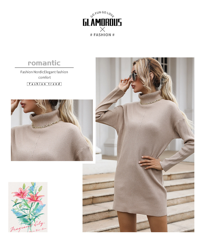 Robe pull ample à col roulé rayé à manches longues de couleur unie_voghion.com