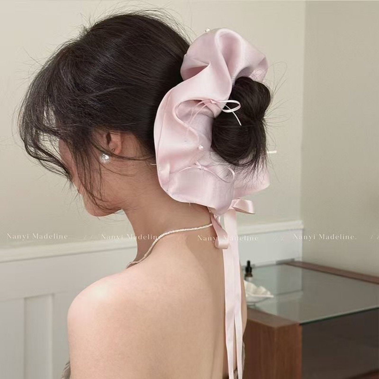 Schleifen Haargummi Mit Perlen Aus Blauem Satin Für Damen_voghion.com