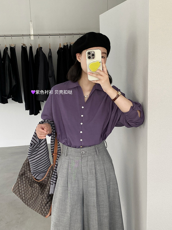 江左 韩系长袖贝壳扣纯色女式衬衫女2025设计感气质叠穿衬衣 6339|undefined