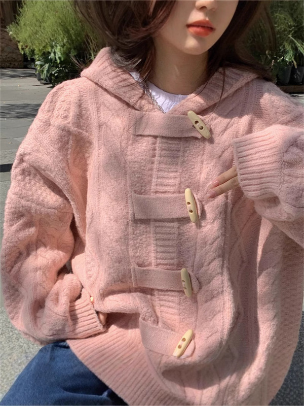 麻花毛衣外套女装2025秋冬新款甜美灯笼袖牛角扣连帽加厚针织开衫|undefined