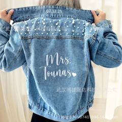 etsy パーソナライズされた刺繍スリム韓国スタイル春と秋の新しいデニムジャケットパール大人のルーズジャケット