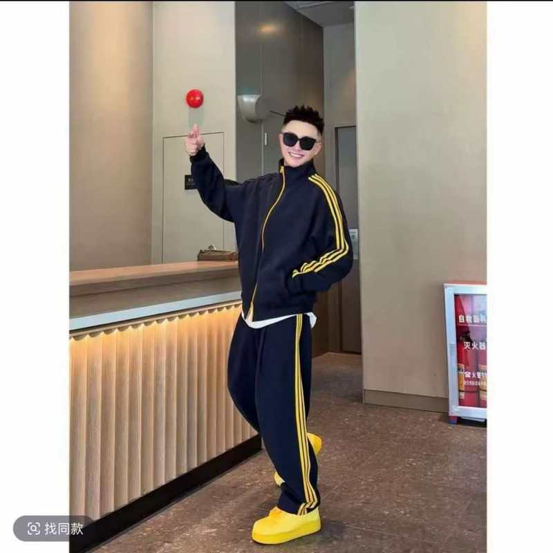 美式撞色三条杠立领卫衣运动套装2025春秋季新款休闲百搭成熟套装|undefined