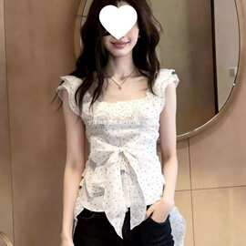法式复古波点拼接蝴蝶结荷叶边方领无袖衬衫女2026夏季新款上衣潮