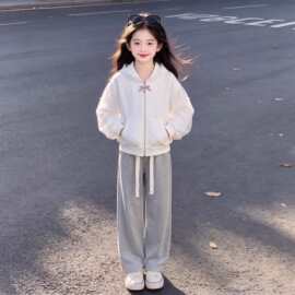 中大童2026春秋季女童新款甜美可爱连帽外套阔腿裤休闲风两件套装