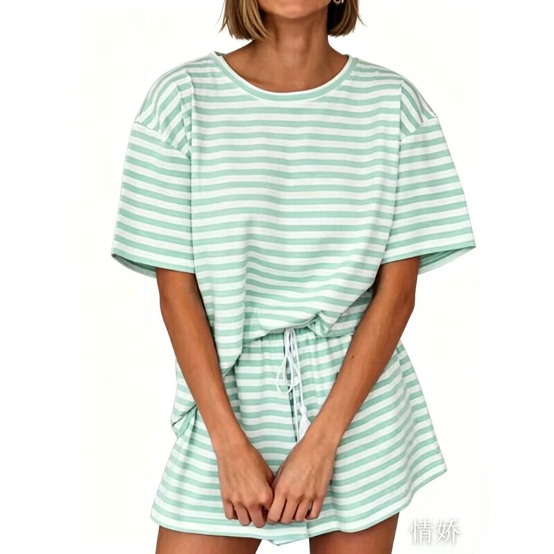 2026 Spring and Summer European and American Style Striped Short-Sleeved Shorts Suit Loose Casual Home Wear Women's Fashionable Two-Piece Set 2026 Spring and Summer European and American Style Striped Short-Sleeved Shorts Suit Loose Casual Home Wear Women's Fashionable Two-Piece Set