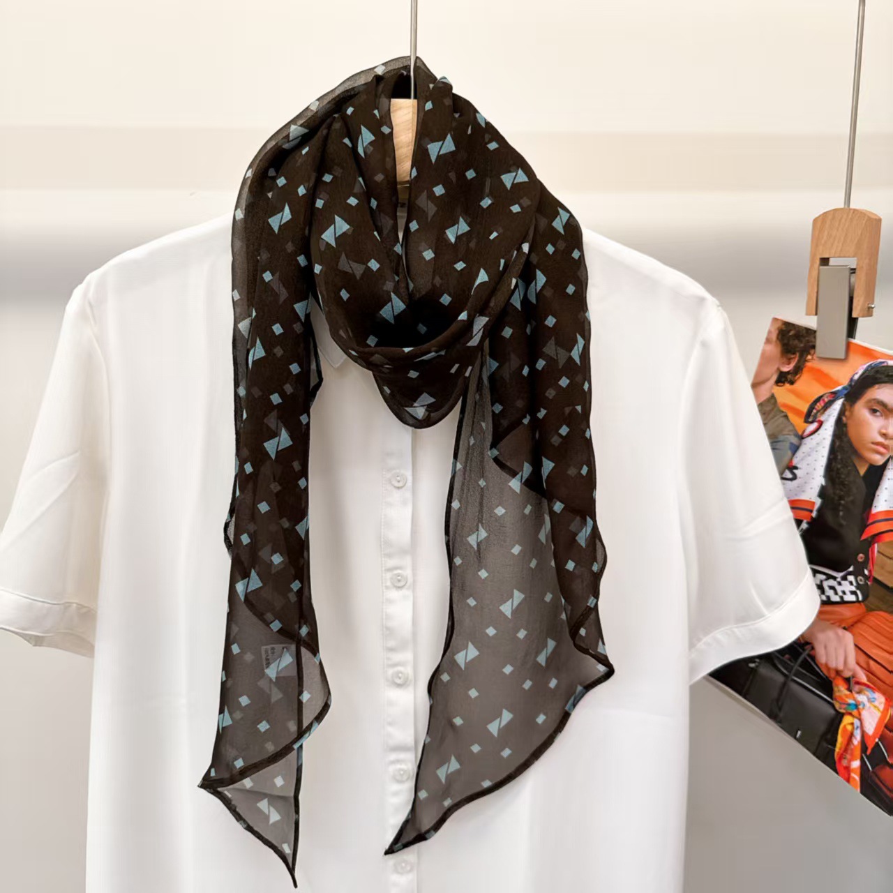 Polka Dot Rose Silk Crepe Scarf For Women - French Elegant Versatile Green Neck Scarf Bandana - Thumbnail 8