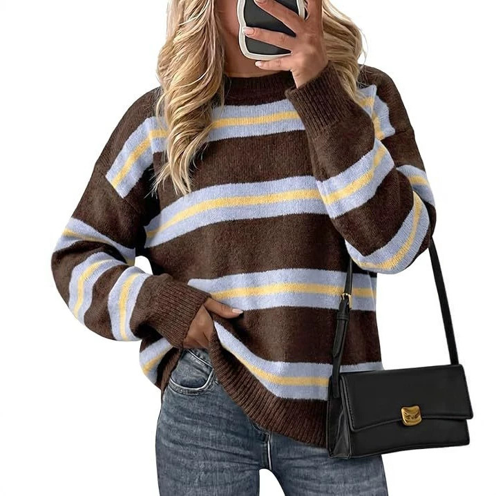 New in stock European and American cross-border Amazon striped autumn and winter women's pullover long-sleeve sweater New in stock European and American cross-border Amazon striped autumn and winter women's pullover long-sleeve sweater