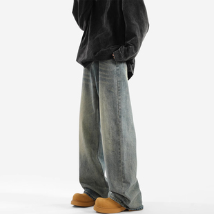 2025 American Retro Jeans Men's Spring and Autumn Heavy Pants Spring and Autumn Loose Wide Leg Straight Pants