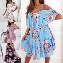 跨境速卖通亚马逊2023新款春季雪纺印花露肩性感连衣裙时尚连衣裙