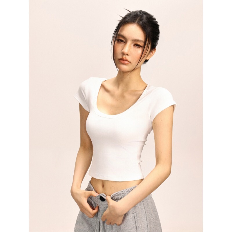 American-Style Large U-Neck Short-Sleeve T-Shirt for Women, Summer Slim-Fit Stretchy White Crop Top American-Style Large U-Neck Short-Sleeve T-Shirt for Women, Summer Slim-Fit Stretchy White Crop Top