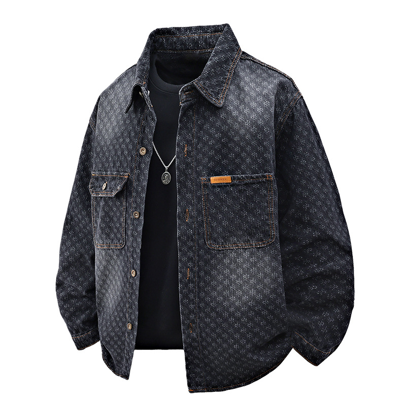 Spring And Autumn New Jacquard Denim Jacket Men's High Street Trend Long Sleeved Shirt American Style Loose Foreign Trade Jacket Men_mkmklike.com
