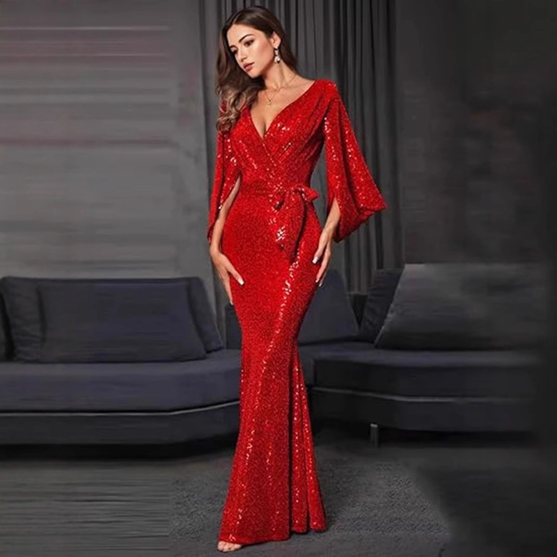 2025 new cross-border bride Europe and the United States cross-border summer dress sexy split sequins long mopping evening dress
