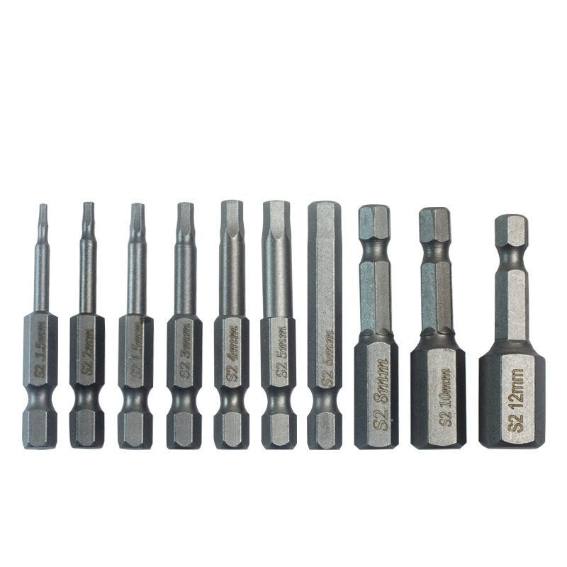 10pcs 50mmS2内六角批头套装1.5-12带磁电批头内六角电批头