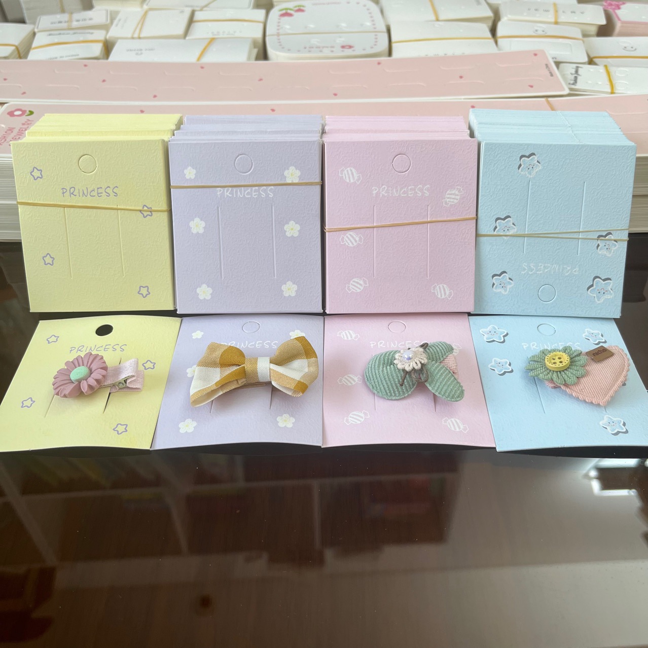 Colorful hair clip card paper yellow pink blue leather pattern star card hair accessories clip candy tag card head wholesale