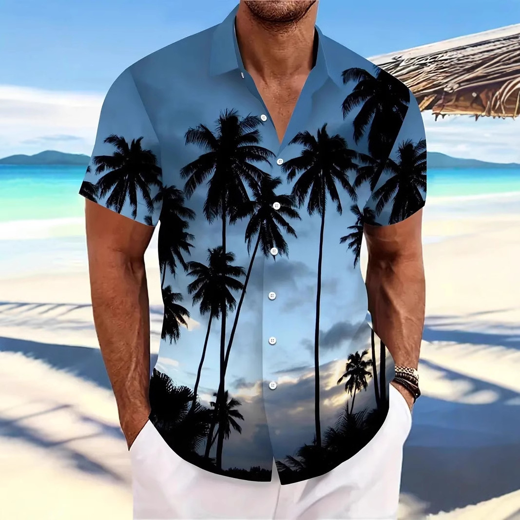 Ropa de hombre de comercio exterior de estilo europeo y americano 2024 nueva camisa de manga corta con patrón de árbol de coco de moda casual de todo fósforo MB1