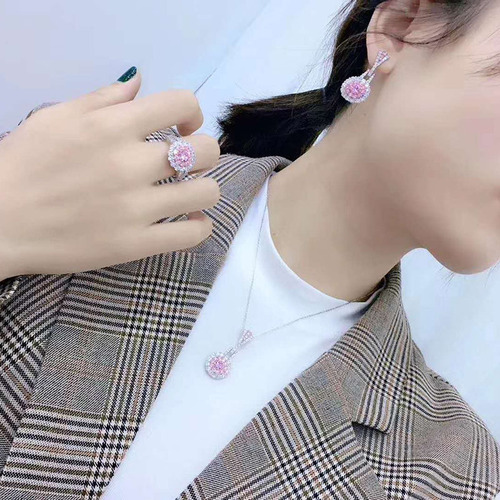 Kuaishou live broadcast supply niche design exquisite earrings sparkling zircon ring women's pink crystal necklace set