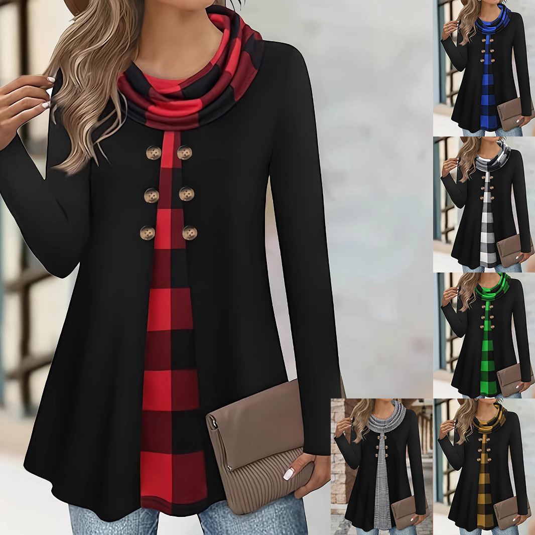 Cross-Border European and American Amazon Independent Station Temu Spring Fake Two-Piece Button Comfortable High-Neck Women's Sweatshirt