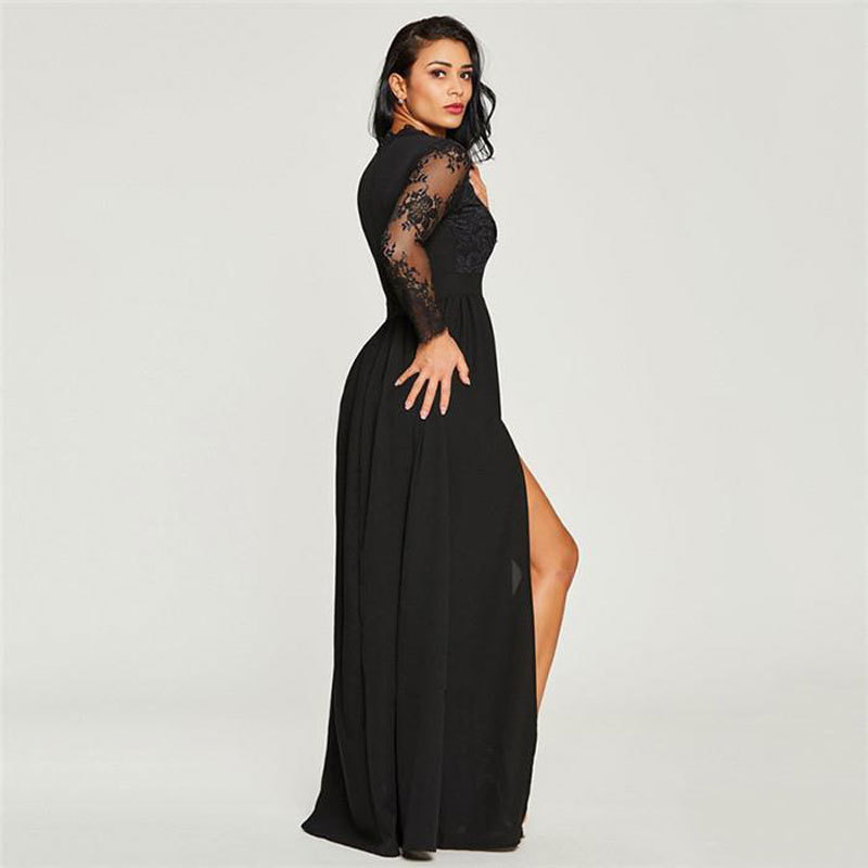 Comercio exterior europeo y americano Amazon AliExpress deseo de las mujeres nuevo encaje con cuello en V manga larga vestido de noche vestido negro