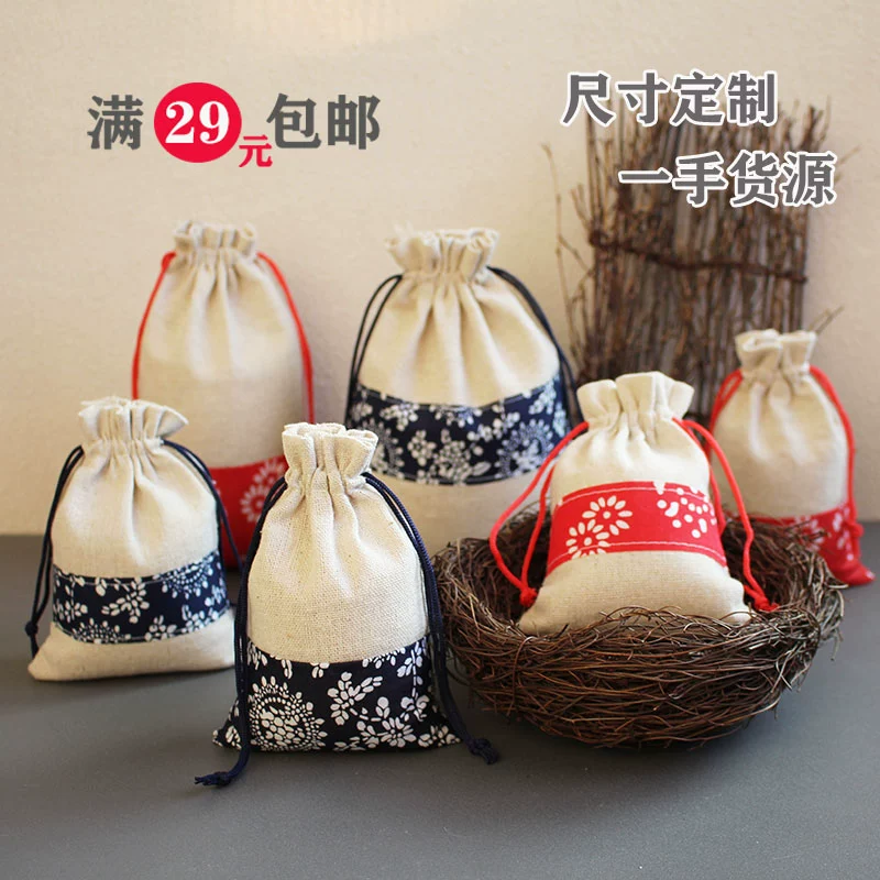 Cloth bag, Chinese style, drawstring, cotton and linen, for luck
