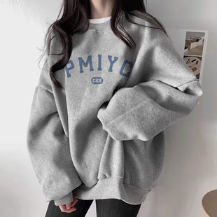 Grey Hoodless Round Neck fleece-lined Sweat Women's Loose Mid-length Autumn and Winter Korean-style Thickened Bf Lazy Long-sleeved Top