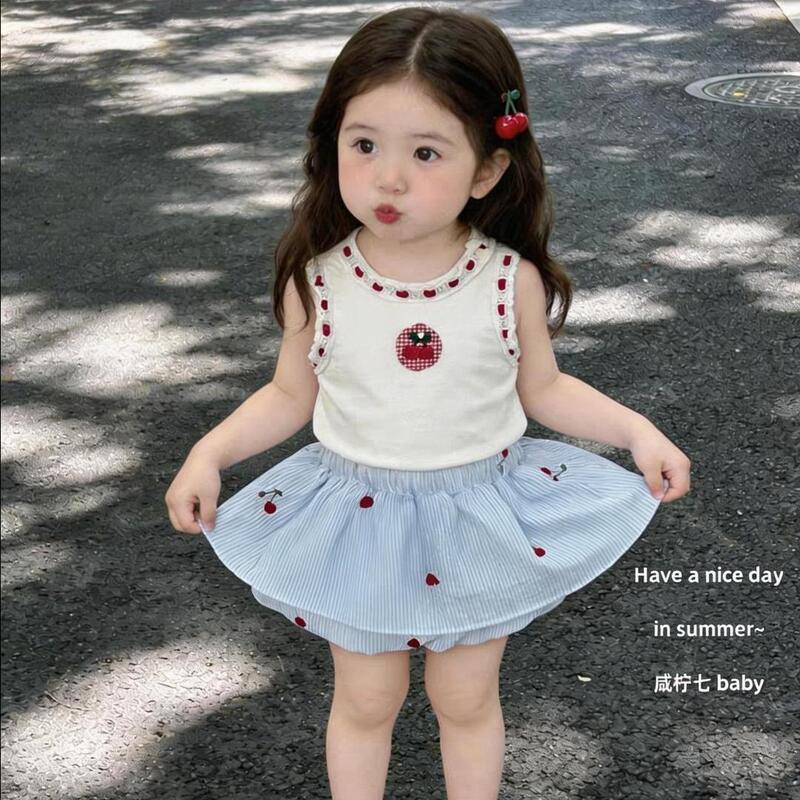 Girls' Summer Outfit: Cute Cherry-Style Floral Skirt and Princess Two-Piece Set with Camisole and Shorts for Baby Girls