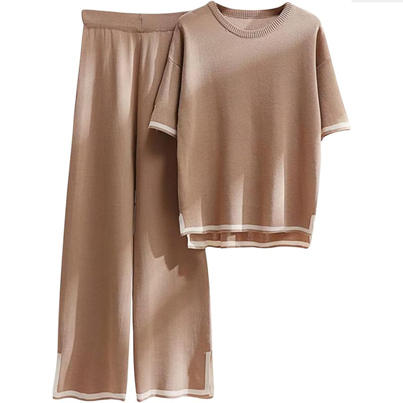 Women's Pant Set Two Piece Color Block Short Sleeve Wide Leg Trouser_voghion.com