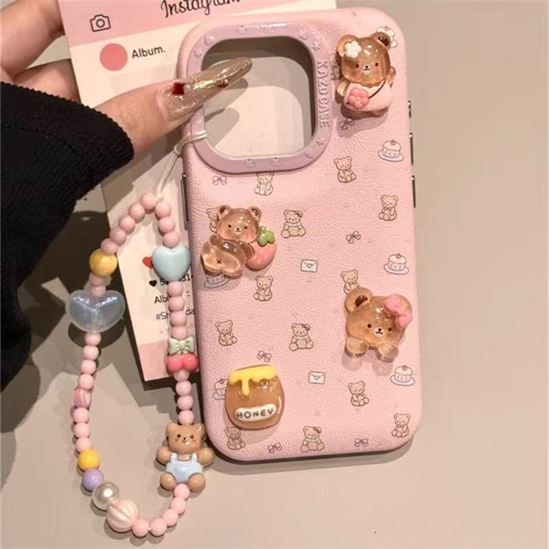 Pink lindo oso de flores tridimensional para iphone15 bolsa de batería 16ProMax Apple 14/13 funda para teléfono móvil