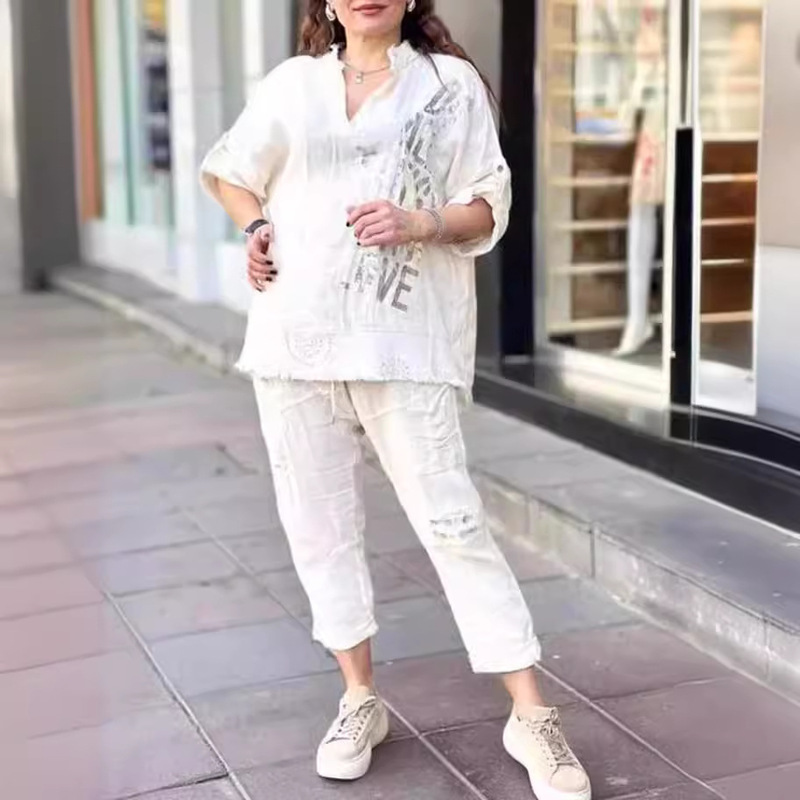 New European and American Hot Selling Amazon Letter Printed Suit Three-Quarter Sleeve Trousers Loose Suit