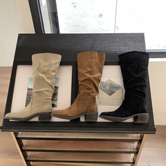 复古尖头粗跟西部牛仔长靴子女不过膝瘦瘦靴褶皱堆堆靴擦色骑士靴