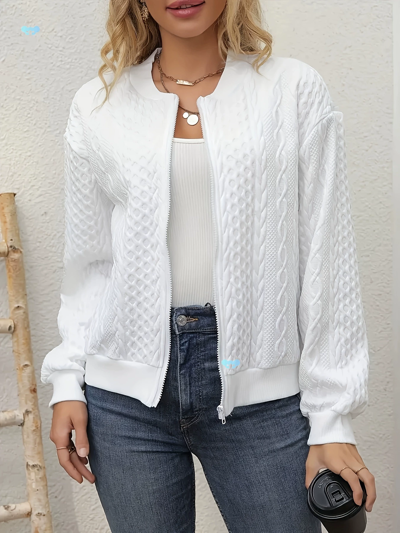 Женская текстурированная однотонная куртка-бомбер с длинным рукавом, повседневная молния