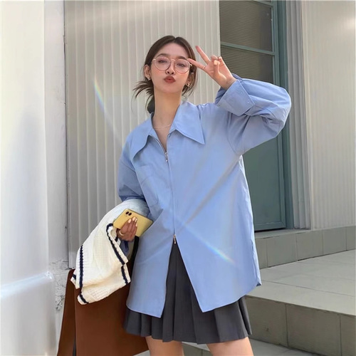 White Shirt Women Spring Long Sleeve French Loose Matchable Elegant Medium Length Zipper Design Sun Protection Top