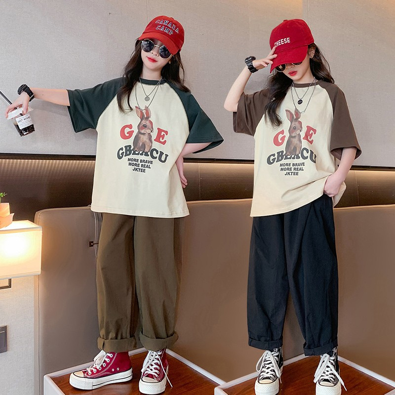 韩国女童夏装中大童时髦洋气卡通休闲短袖套装女孩薄款运动两件套