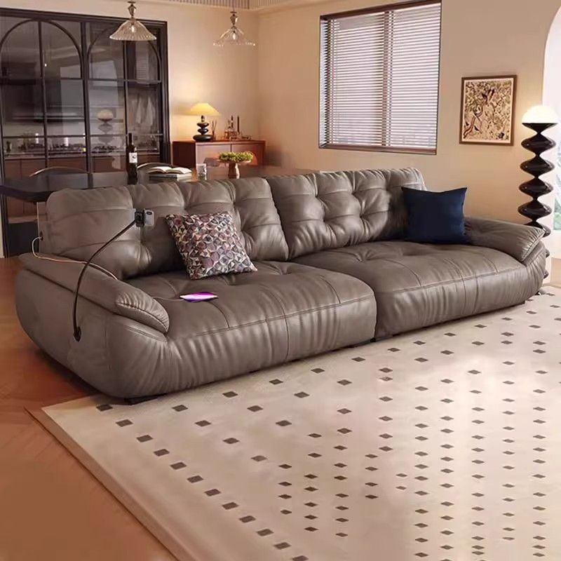 Italian-Style Leather Sofa, Living Room Cloud Sofa, Black Mid-Century Style Straight Row Sofa with Charging Port, Lazy Boat Sofa