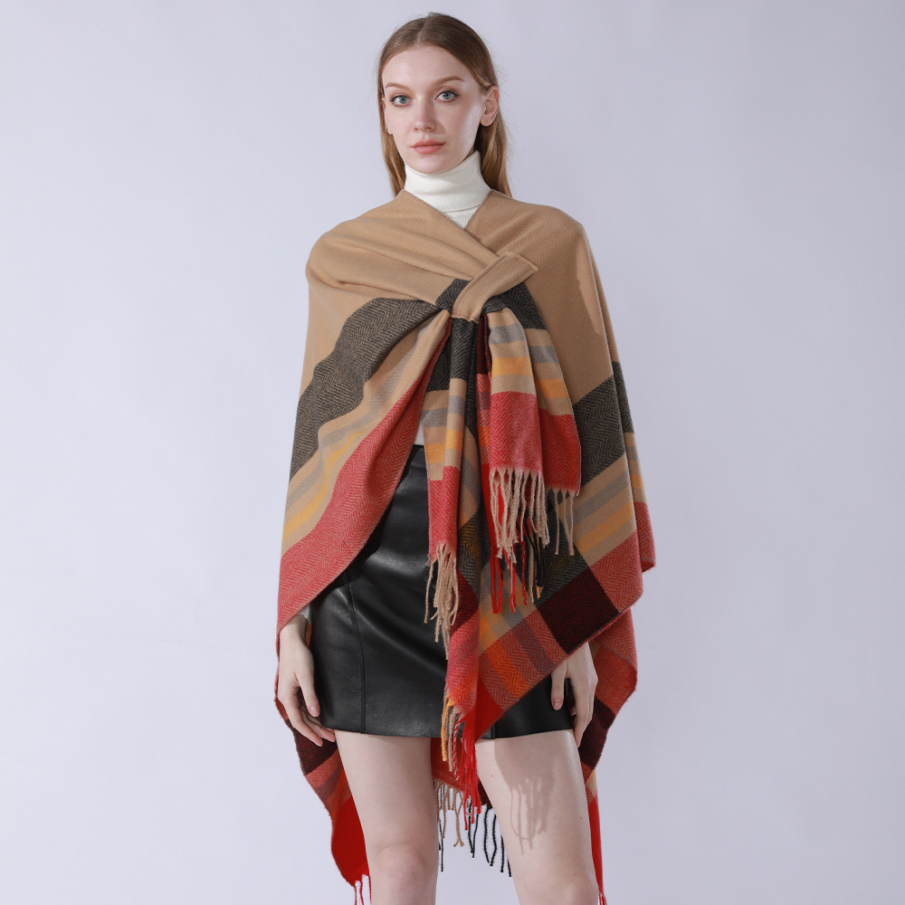 Capa de punto a rayas con borlas, diseño de cuadros de doble cara, estilo geométrico, nueva colección otoño-invierno 2024, cálida.