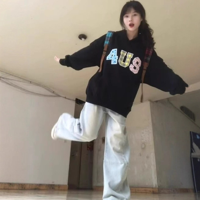 日系百搭宽松休闲字母印花长袖卫衣女高级感潮流潮酷遮屁股上衣服|undefined