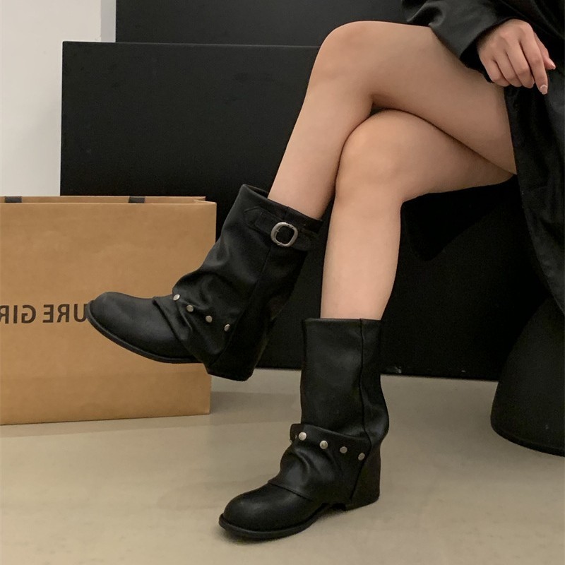 粗跟短靴女百搭复古切尔西靴2025新款时装马丁靴英伦风显瘦堆堆靴|undefined