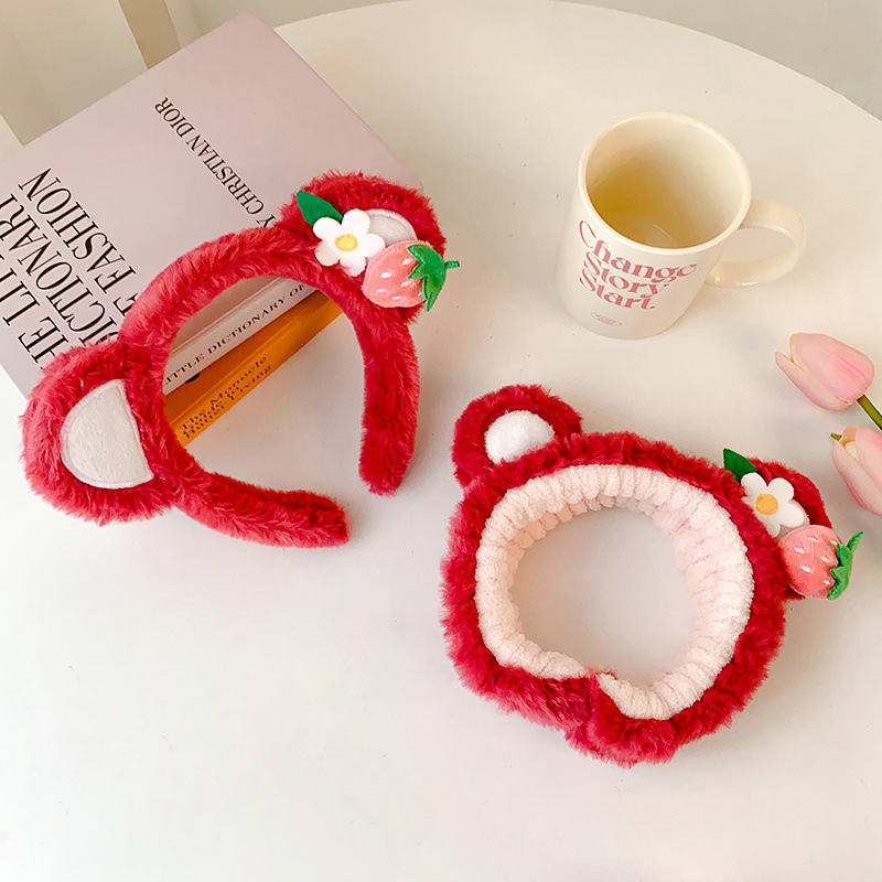 草莓熊系列束髮帶秋冬毛絨洗臉敷面膜小熊發箍玫紅色花朵草莓髮飾