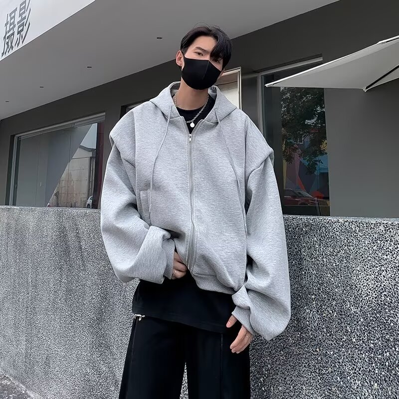 2024 Spring and Autumn American Shape Hooded Cardigan Sweater Men's Fashionable Short Shoulder Pad Casual Sports Jacket Top
