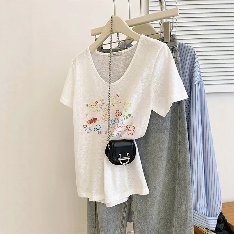 White Regular Shoulder Short-Sleeve Niche Print Women's Loose T-Shirt 2026 New Snowflake Cotton V-Neck Top Women's Summer Wear