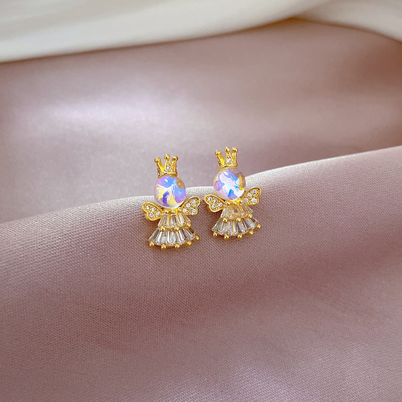 Banquet Occasion Golden Plated 304 Stainless Steel Electroplating Zircon Angel Luxurious Earrings Necklace For Women'S