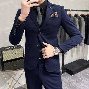 Foreign Trade Men's Three-Piece Suit Business Casual Single-Breasted Suit Navy Blue Youth Large Size Formal Suit