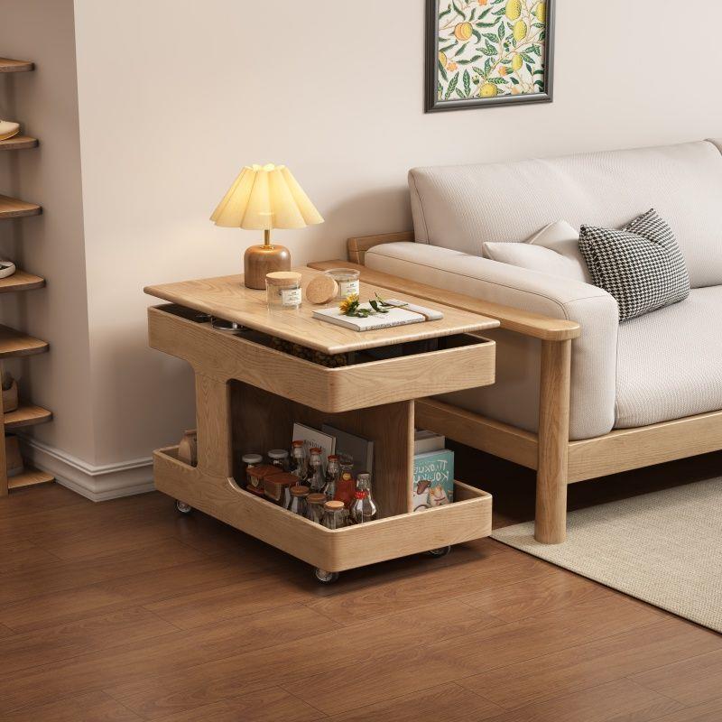 Solid Wood Movable, Adjustable, and Rotating Side Table for Living Room, Rubberwood Bedside Table, Movable Sofa Side Table