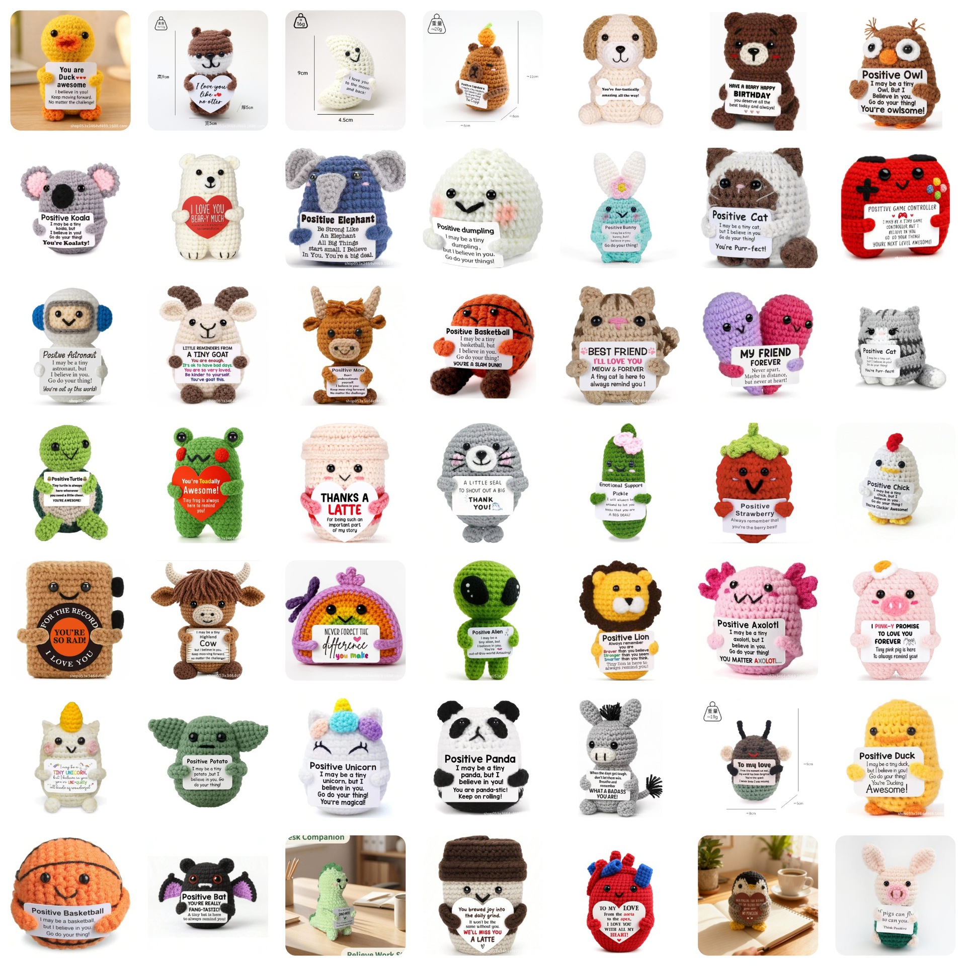 Handmade emotional support crochet animal dolls, mini knitted figurines with inspirational cards, desktop decorations