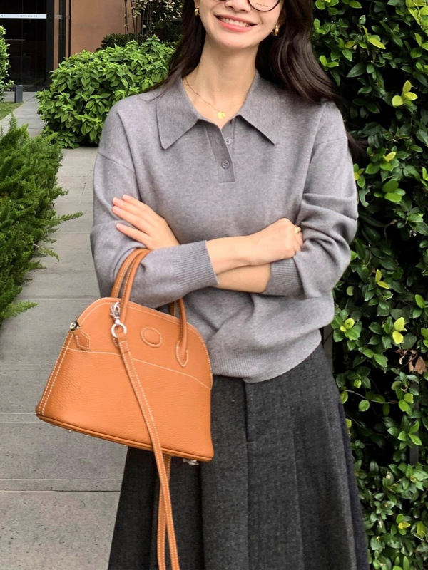 pusunede 慵懒基因 polo领套头毛衣女春秋宽松慵懒长袖针织衫上衣|undefined